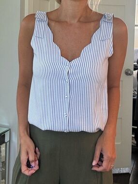 Berthie Paris Blue White Striped Scalloped Button Front Tank Top Size Small